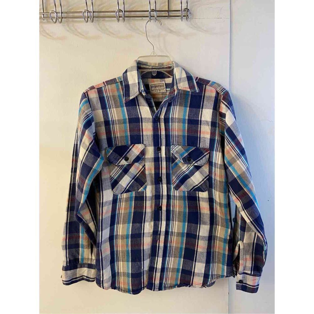 Five Brother Small Flannel shirt LS  Mens S 14-14.5 blue checkered 100‎ Cotton